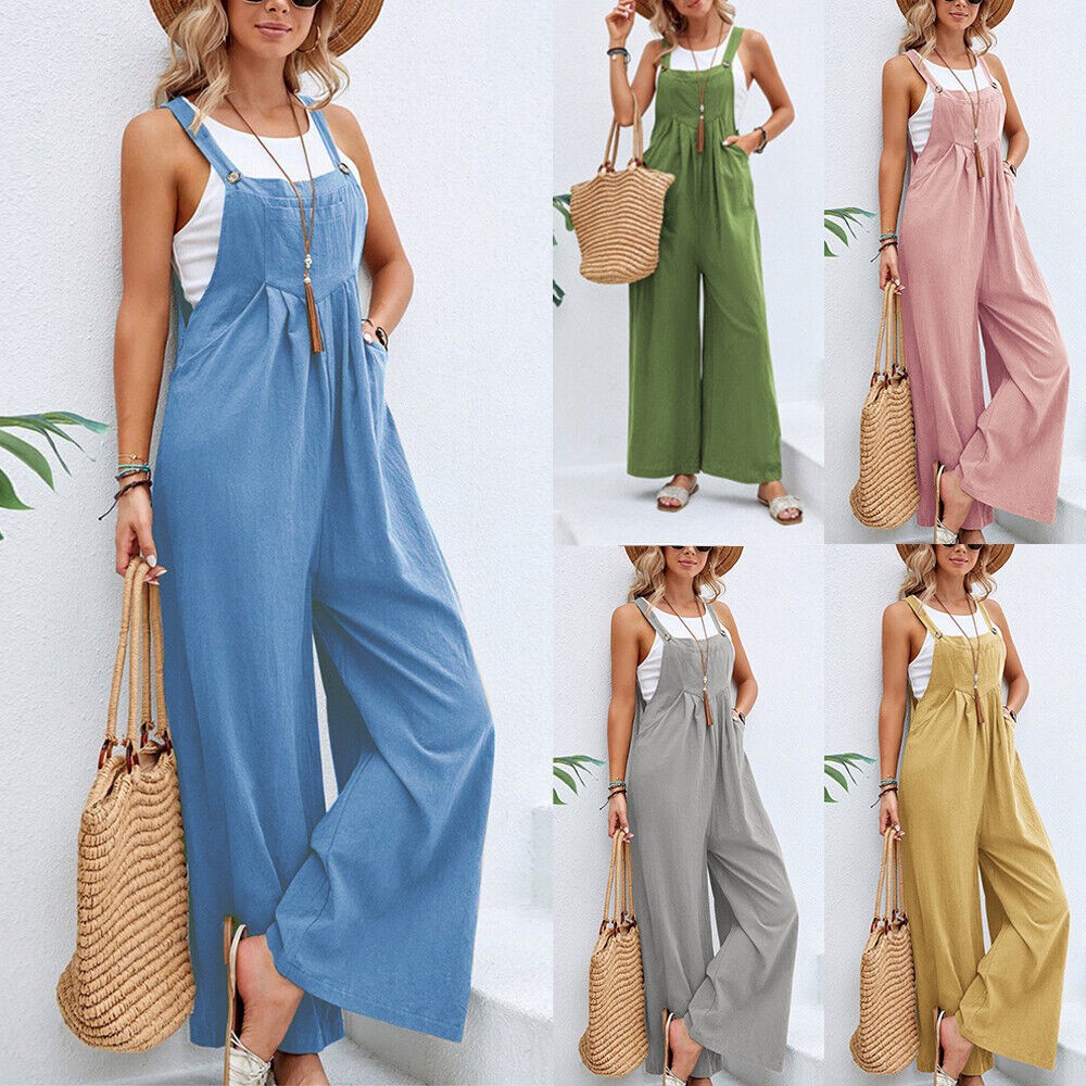Women's Bib Overalls Sleeveless Loose Wide Leg Jumpsuits Rompers with Pockets
