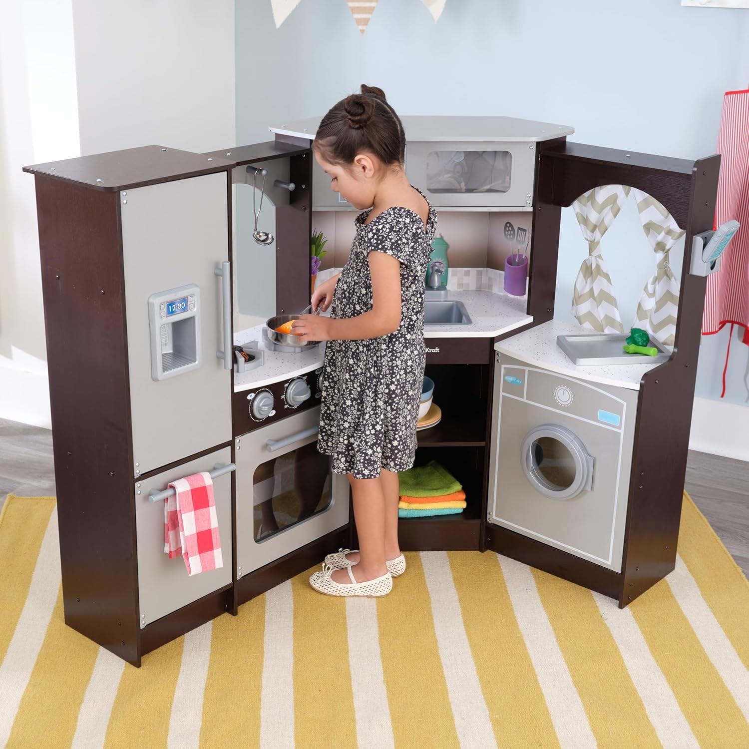 KidKraft Ultimate Corner Wooden Play Kitchen with Lights & Sounds, Play Phone and Curtains, Espresso, Gift for Ages 3+
