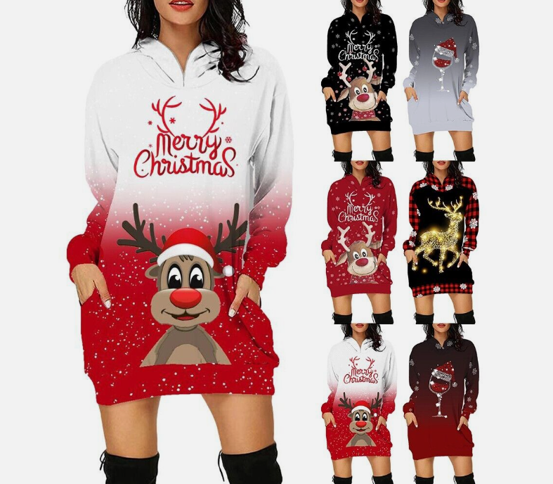 Stylish Elegant Christmas Print Hooded Skirt Longsleeved Sweatshirt Dress